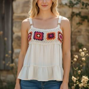 SO Boho Crochet Babydoll Top XL NWT Cottagecore Granny Square Tank